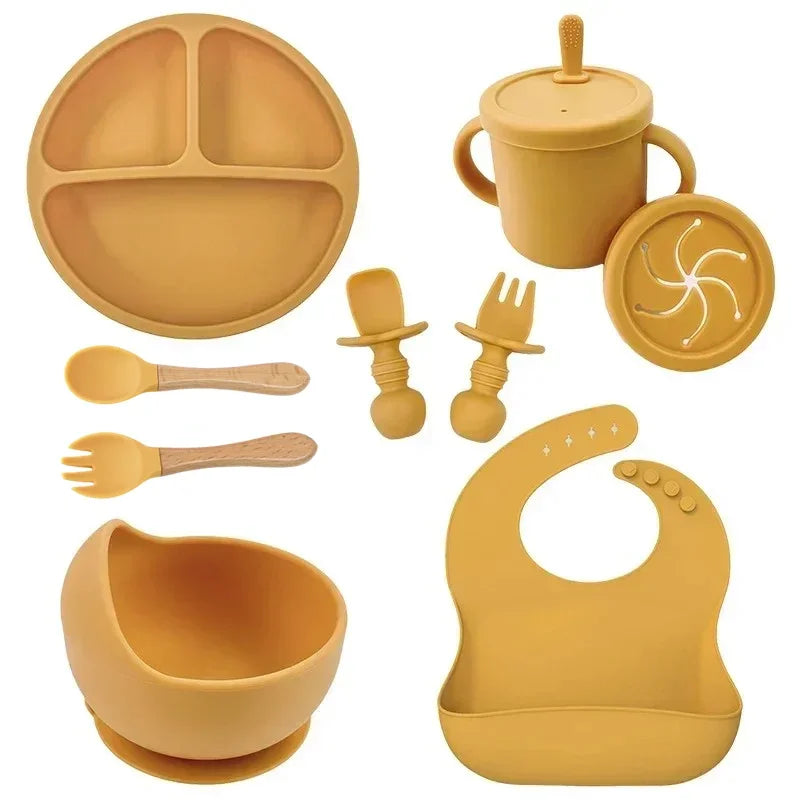 Juego de Vajilla Infantil de Silicona Premium | Plato con Ventosa, Bol, Babero y Cubiertos