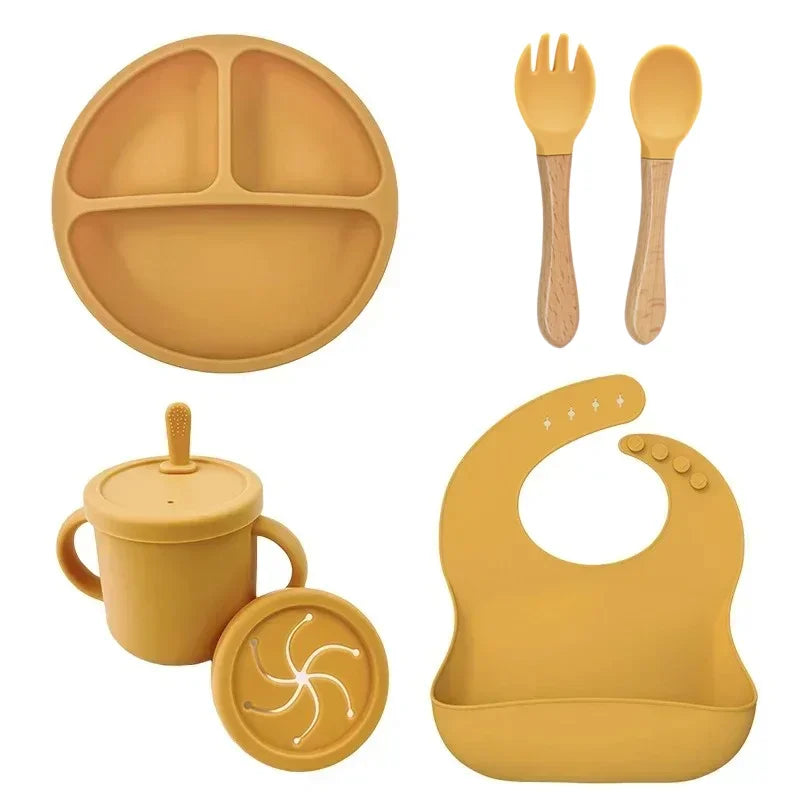 Juego de Vajilla Infantil de Silicona Premium | Plato con Ventosa, Bol, Babero y Cubiertos