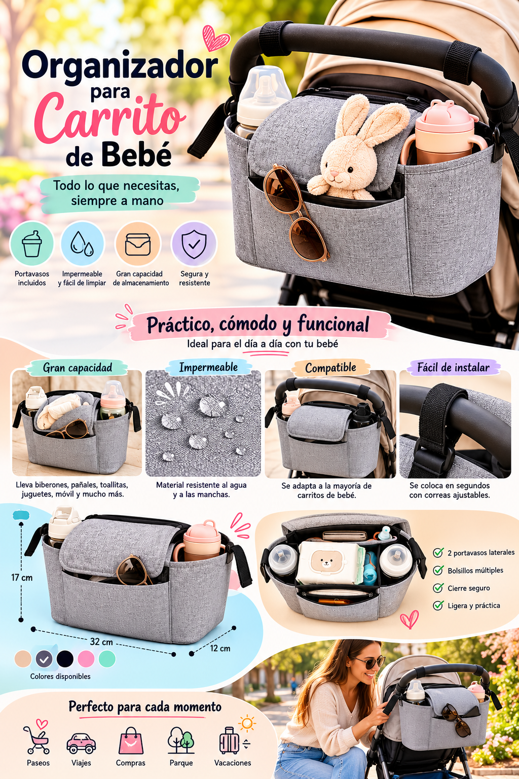 🍼 Organizador Universal para Carrito de Bebé Gran Capacidad con Portavasos