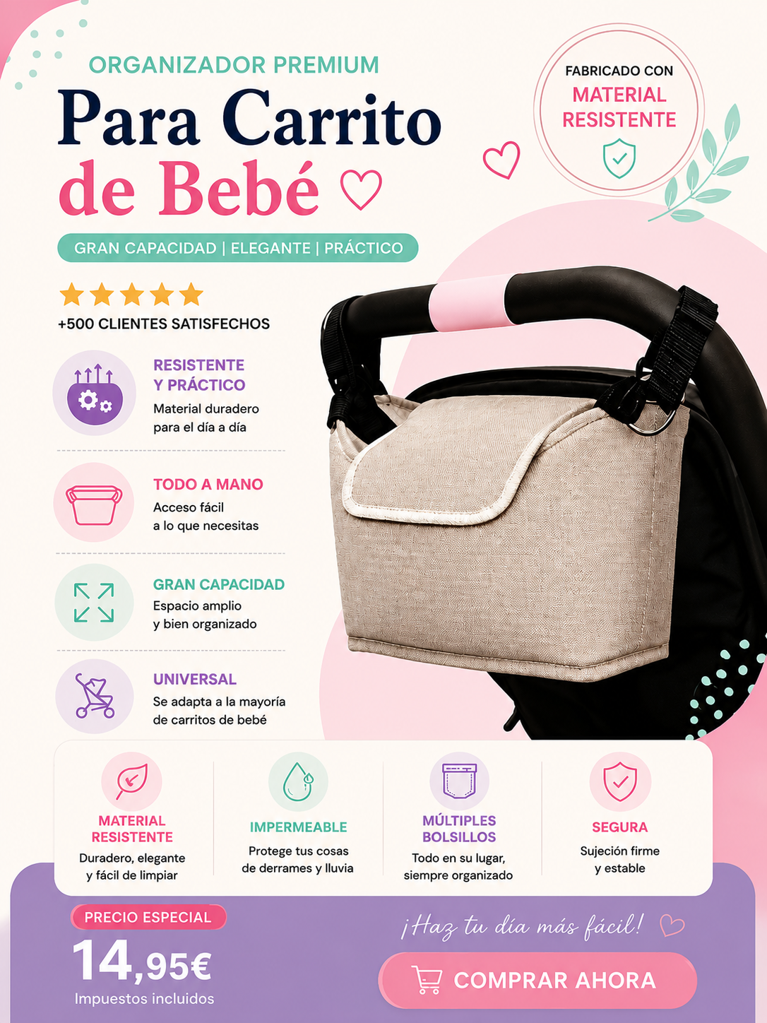🍼 Organizador Universal para Carrito de Bebé Gran Capacidad con Portavasos