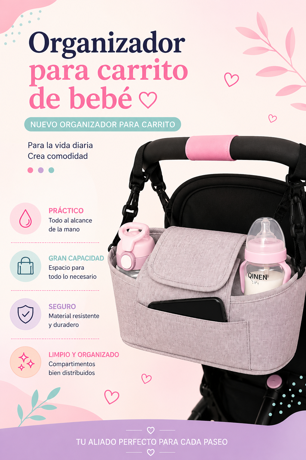 🍼 Organizador Universal para Carrito de Bebé Gran Capacidad con Portavasos