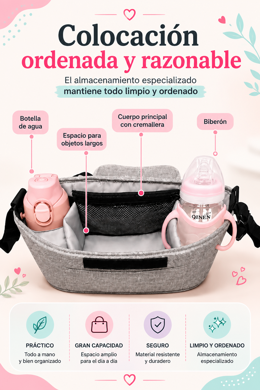 🍼 Organizador Universal para Carrito de Bebé Gran Capacidad con Portavasos