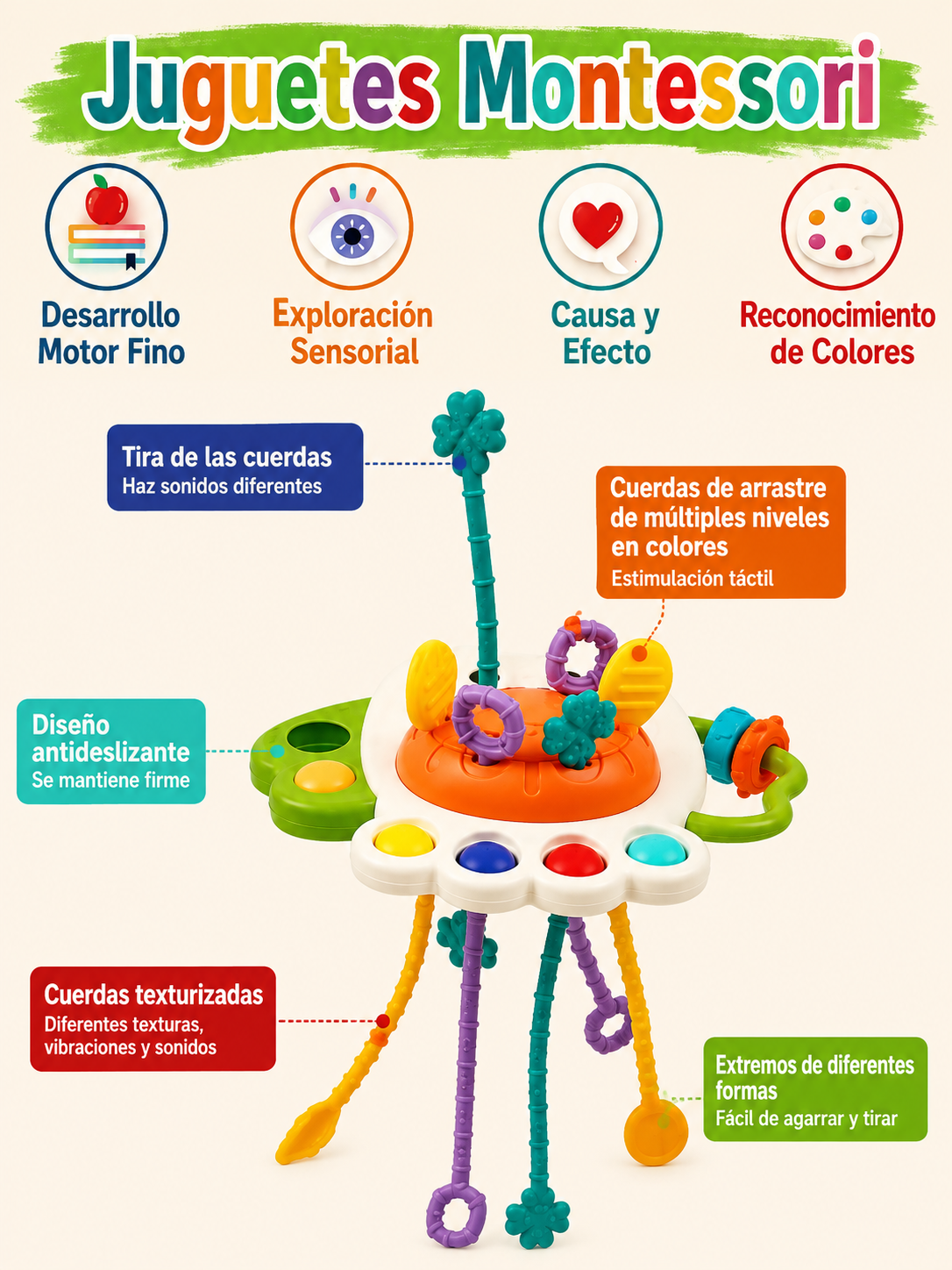 🧸 Juguete Sensorial Montessori para Bebés | Centro de Actividades de Silicona + Mordedor (6-12 meses)